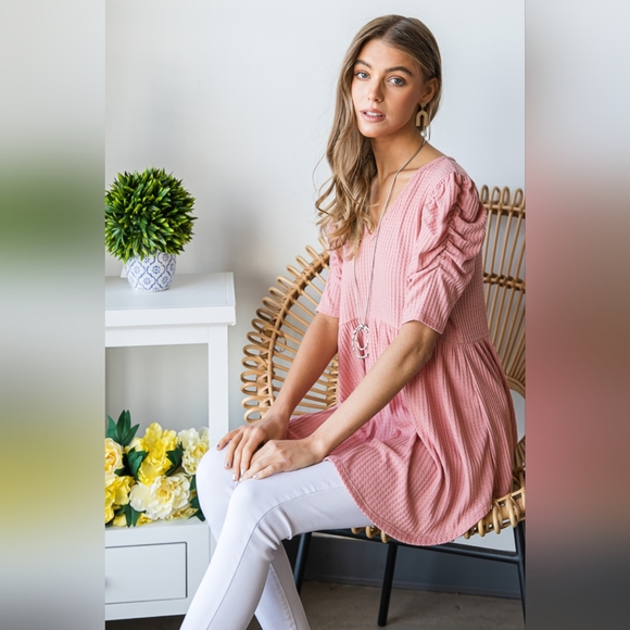 New Launch From Designer HEIMISH Full Size Waffle Knit V-Neck Babydoll Top - Picture 9 of 13